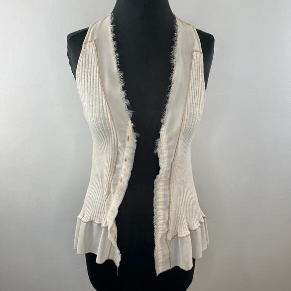 TINY Cream Fringe Semi-Sheer Trim Ribbed Knit Cotton Blend Sleeveless Vest XS? - Picture 4 of 8